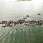 Pemandangan Sungai Barito dari udara memperlihatkan jalur air yang membelah hutan lebat, menjadi arteri utama kehidupan di Pulau Kalimantan. Perahu-perahu tradisional tampak berlayar pelan, menyusuri riak Barito yang menyimpan ribuan cerita.