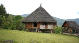 Sebuah rumah Bubungan Tinggi berdiri megah di tepi sungai, menampilkan atap pelana yang sangat curam serta ukiran-ukiran khas Banjar yang sarat makna, mencerminkan kekayaan arsitektur tradisional Indonesia.