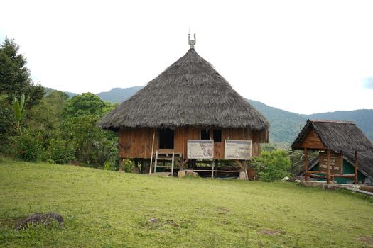 Sebuah rumah Bubungan Tinggi berdiri megah di tepi sungai, menampilkan atap pelana yang sangat curam serta ukiran-ukiran khas Banjar yang sarat makna, mencerminkan kekayaan arsitektur tradisional Indonesia.